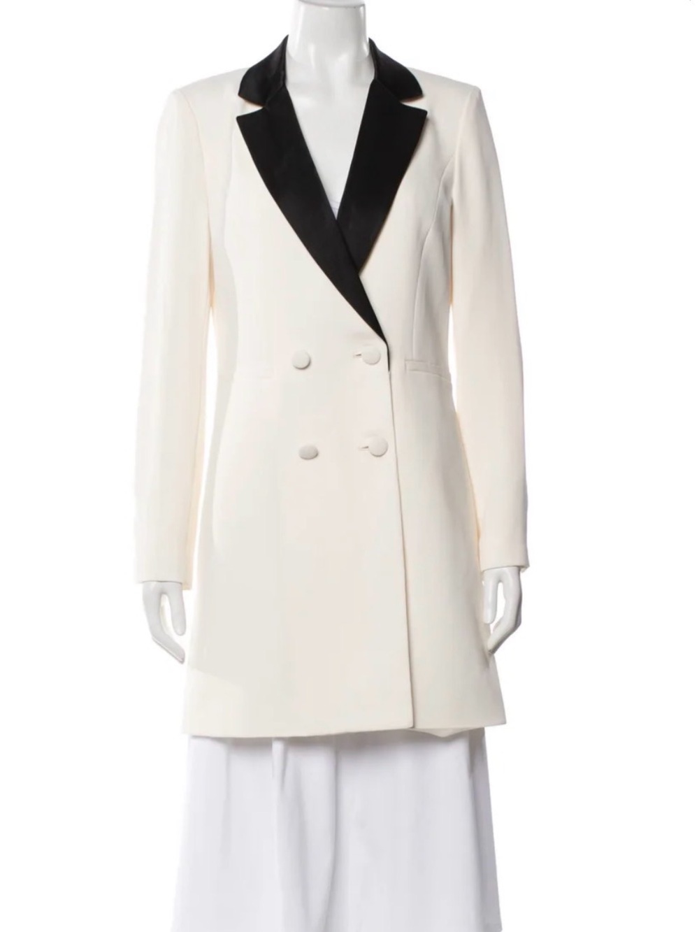Alice and Olivia Double-Breasted Cream Blazer Coat with Black Satin Lapel